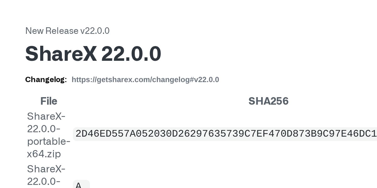 ShareX 挂出 v22.0.0 预发布，提供 64 位安装包与便携包