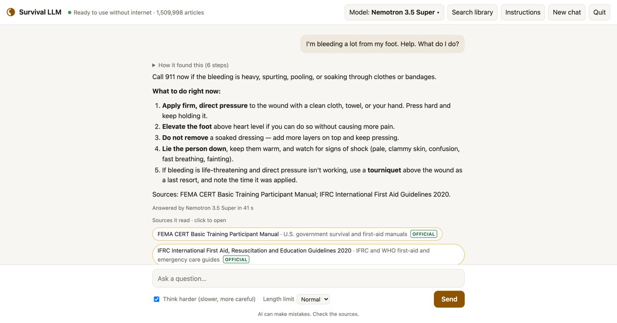 Survival LLM：可离线运行的开源 AI 助手，内置约 93 万篇维基百科条目