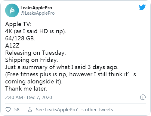 曝苹果12月8日要发布新品:搭载A12Z和6GB的新Apple TV