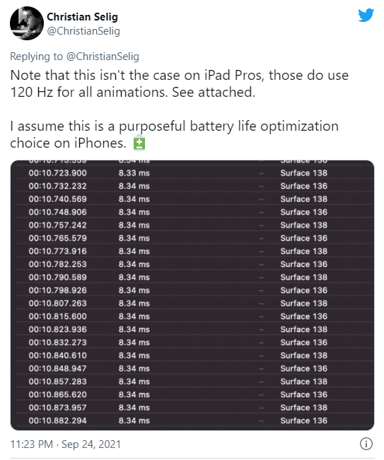 苹果 iPhone 13 Pro 上大多数第三方 App 动画被限制为 60Hz
